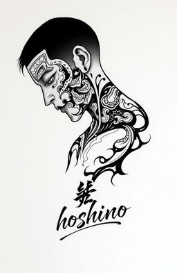 A tattoo design featuring a man without a face, showcasing intricate patterns and abstract shapes
