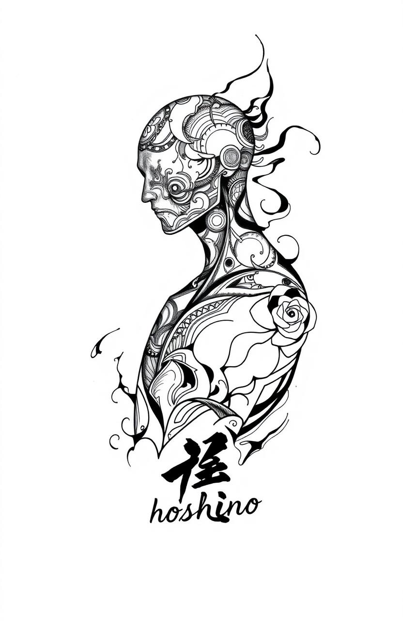 A tattoo design featuring a man without a face, showcasing intricate patterns and abstract shapes