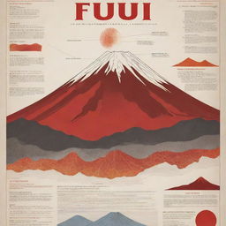 A visually striking educational poster of Mt. Fuji to show its iconic conical silhouette in a Japanese landscape setting. The poster features distinct sections like 'Specific Locations', 'Type of Magma', 'Type of Eruptions', 'Formation', 'Effects of Eruptions' embellished with diagrams, infographics, and images. The color palette reflects volcanic hues like red and orange, and includes data boxes for context and facts.