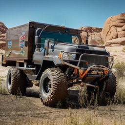 A rough-terrain truck, built to withstand harsh landscapes, highlighting its rugged design, large tires, and sturdy construction.