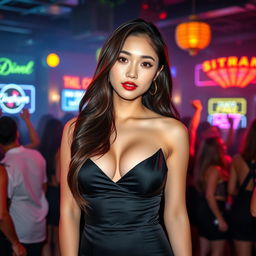 A beautiful Korean woman wearing a stylish, form-fitting dress that elegantly shows her cleavage, as she stands confidently in a vibrant nightclub atmosphere filled with colorful lights and energetic people dancing
