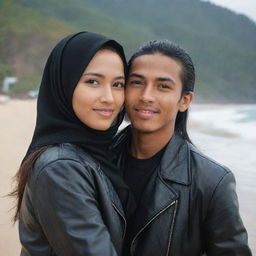 A handsome young Indonesian man with long hair and a leather jacket, embracing a beautiful young woman wearing a hijab, with a beach setting in the background.