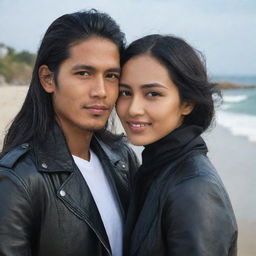 A handsome young Indonesian man with long hair and a leather jacket, embracing a beautiful young woman wearing a hijab, with a beach setting in the background.