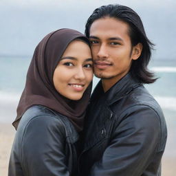 A handsome young Indonesian man with long hair and a leather jacket, embracing a beautiful young woman wearing a hijab, with a beach setting in the background.