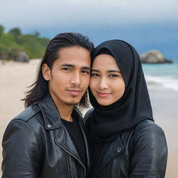 A handsome young Indonesian man with long hair and a leather jacket, embracing a beautiful young woman wearing a hijab, with a beach setting in the background.