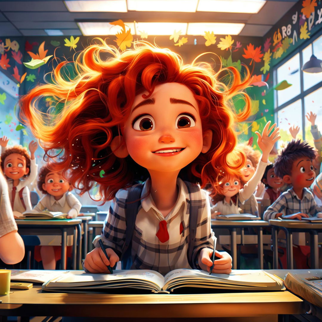 A quintessential Pixar animation of a lively classroom scene featuring a spirited little girl with wild red hair and freckles, embodying the magic of childhood.