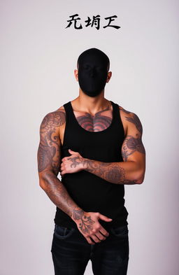 A faceless tattooed man standing confidently, showcasing intricate tattoos covering his arms and torso