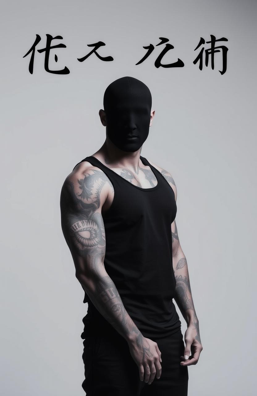 A faceless tattooed man standing confidently, showcasing intricate tattoos covering his arms and torso