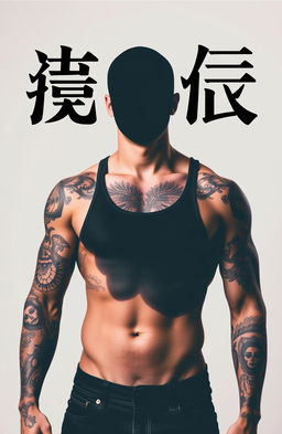 A faceless tattooed man standing confidently, showcasing intricate tattoos covering his arms and torso