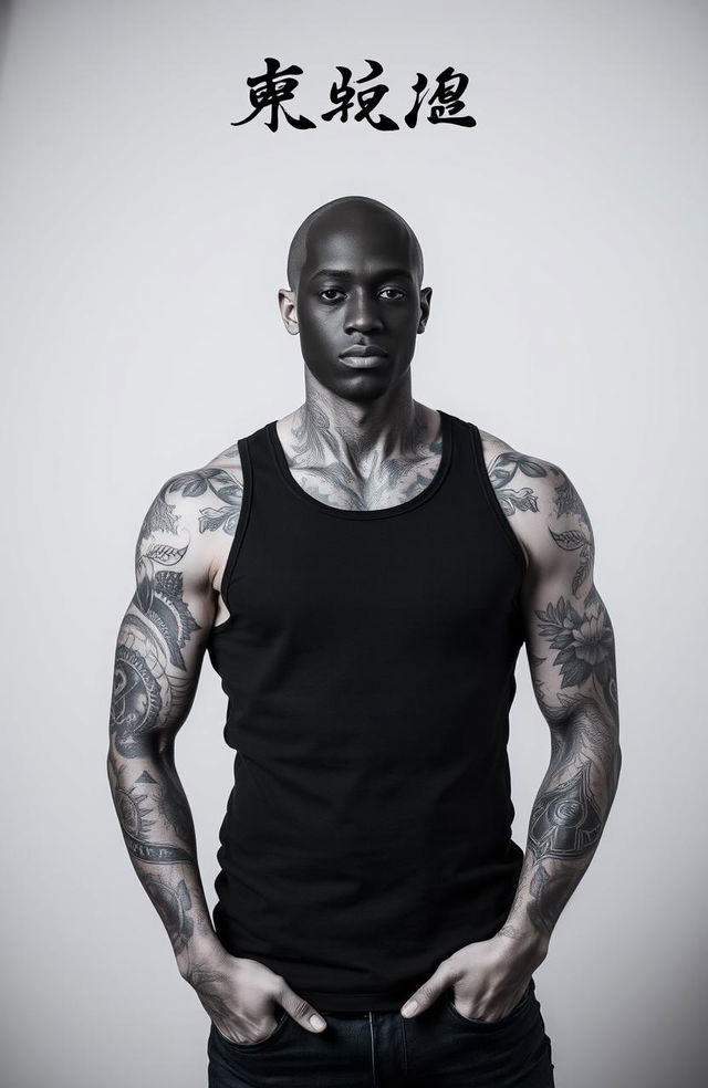 A faceless tattooed man standing confidently, showcasing intricate tattoos covering his arms and torso