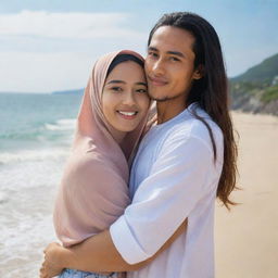 A handsome young Indonesian man with long hair, wearing beach clothing, hugging a beautiful young woman in a hijab, set against the backdrop of a stunning beach coastline.