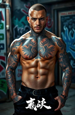 A striking image of an unknown tattooed man exhibiting a strong physique and covered in intricate tattoos