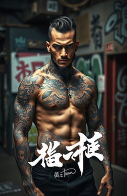 A striking image of an unknown tattooed man exhibiting a strong physique and covered in intricate tattoos