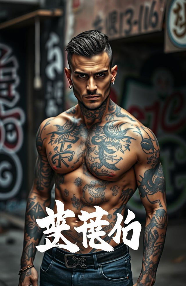 A striking image of an unknown tattooed man exhibiting a strong physique and covered in intricate tattoos