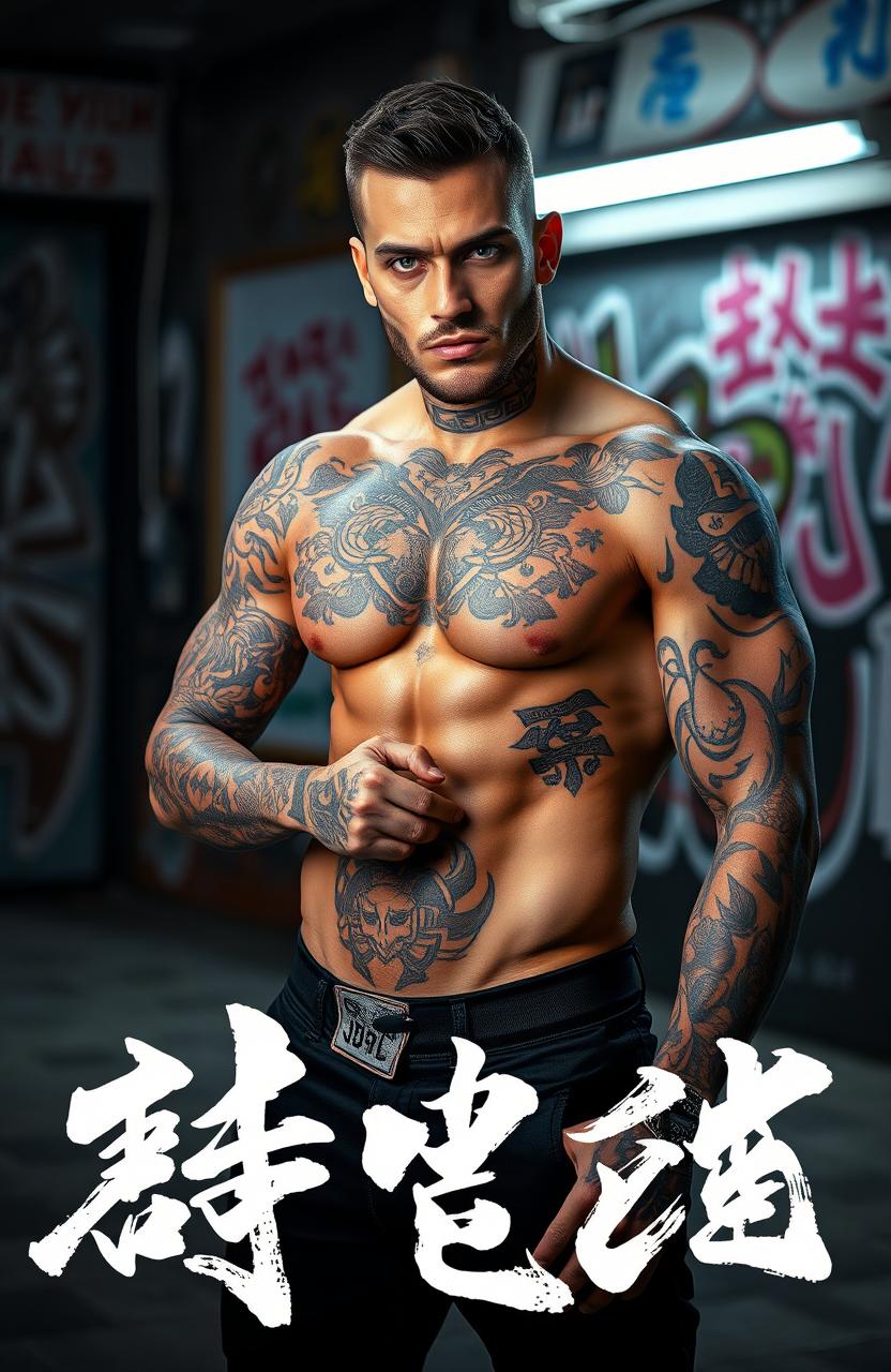 A striking image of an unknown tattooed man exhibiting a strong physique and covered in intricate tattoos