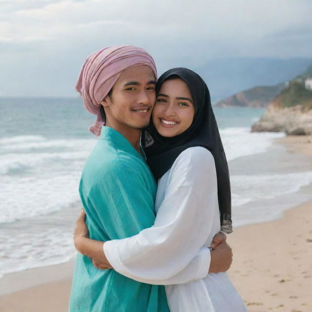 A handsome young Indonesian man with long hair, wearing beach clothing, hugging a beautiful young woman in a hijab, set against the backdrop of a stunning beach coastline.