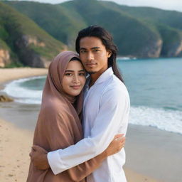 A handsome young Indonesian man with long hair, wearing beach clothing, hugging a beautiful young woman in a hijab, set against the backdrop of a stunning beach coastline.