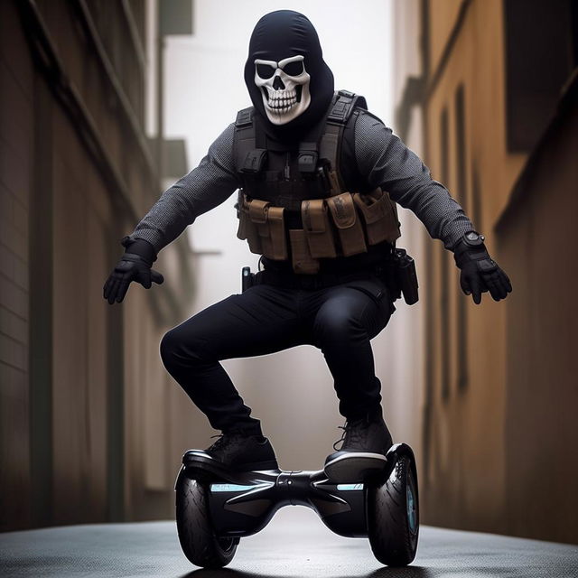 An armed kidnapper wearing a skeleton face mask and bullet-proof vest, striking an imposing figure as he rides on a hover-board in mid-air.