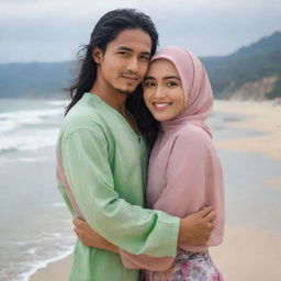 A handsome young Indonesian man with long hair, wearing beach clothing, hugging a beautiful young woman in a hijab, set against the backdrop of a stunning beach coastline.