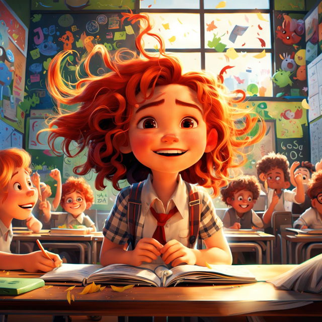 A quintessential Pixar animation of a lively classroom scene featuring a spirited little girl with wild red hair and freckles, embodying the magic of childhood.