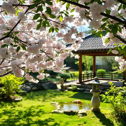 A peaceful, sunlit Japanese garden with cherry blossoms in full bloom, a tranquil koi pond, and a small stone lantern