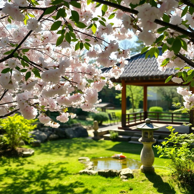 A peaceful, sunlit Japanese garden with cherry blossoms in full bloom, a tranquil koi pond, and a small stone lantern