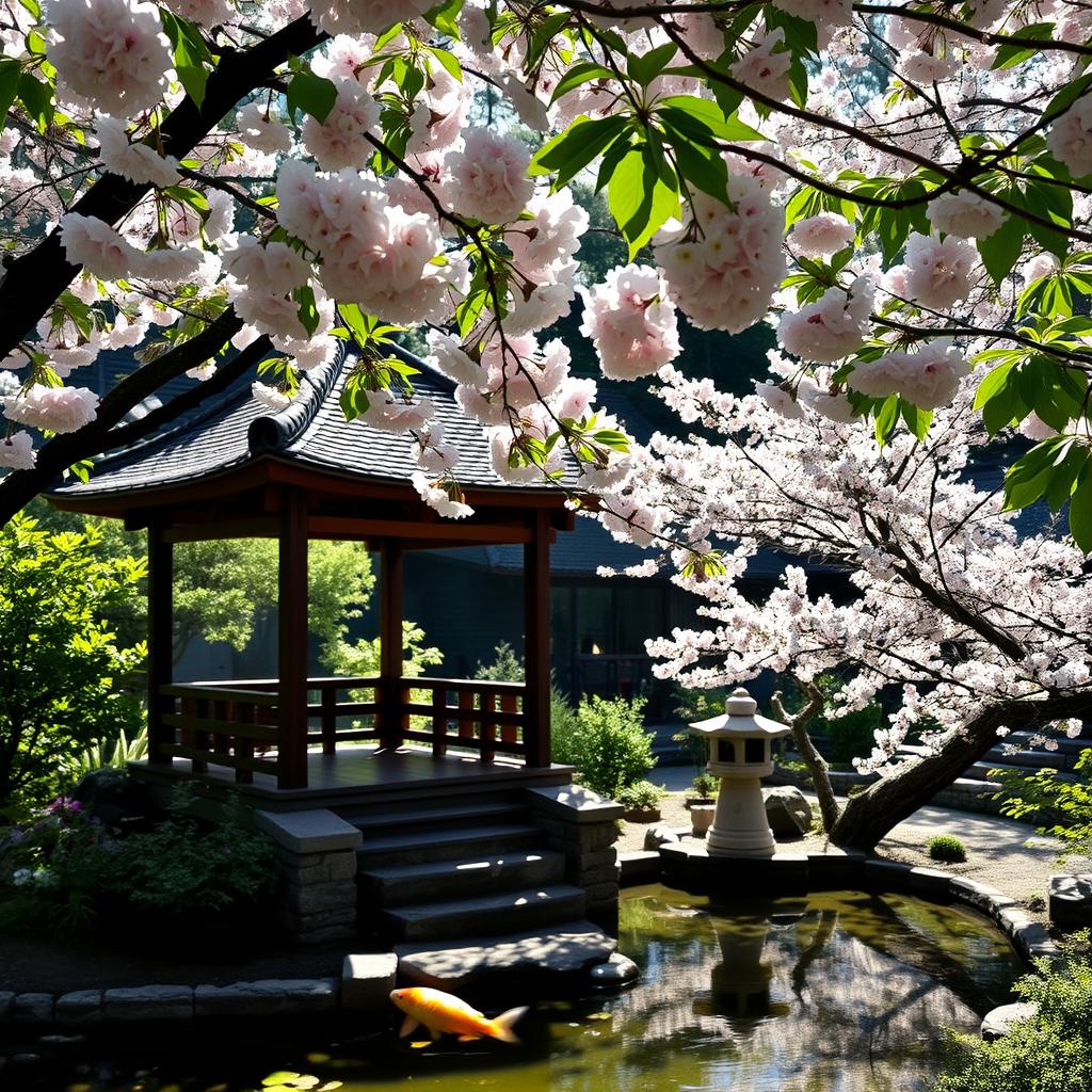 A peaceful, sunlit Japanese garden with cherry blossoms in full bloom, a tranquil koi pond, and a small stone lantern