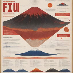 An informative Mt. Fuji poster featuring its iconic conical shape and Japanese landscape. The poster with distinct sections like 'Specific Locations', 'Type of Magma', 'Type of Eruptions', 'Formation', 'Effects of Eruptions' showcases images, diagrams, infographics. The color scheme includes volcanic shades of red and orange and has captions for additional information.