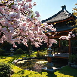 A peaceful, sunlit Japanese garden with cherry blossoms in full bloom, a tranquil koi pond, and a small stone lantern