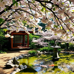 A peaceful, sunlit Japanese garden with cherry blossoms in full bloom, a tranquil koi pond, and a small stone lantern