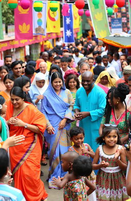 A vibrant cultural festival scene filled with diverse people celebrating together, wearing traditional clothing from various cultures such as colorful saris, elegant kimonos, and intricate African garments