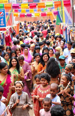 A vibrant cultural festival scene filled with diverse people celebrating together, wearing traditional clothing from various cultures such as colorful saris, elegant kimonos, and intricate African garments