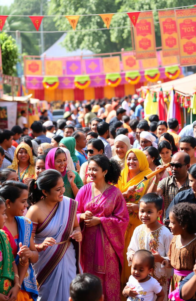 A vibrant cultural festival scene filled with diverse people celebrating together, wearing traditional clothing from various cultures such as colorful saris, elegant kimonos, and intricate African garments