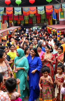 A vibrant cultural festival scene filled with diverse people celebrating together, wearing traditional clothing from various cultures such as colorful saris, elegant kimonos, and intricate African garments