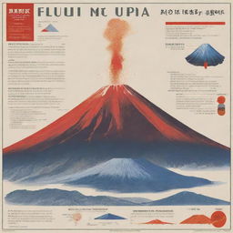 An informative Mt. Fuji poster featuring its iconic conical shape and Japanese landscape. The poster with distinct sections like 'Specific Locations', 'Type of Magma', 'Type of Eruptions', 'Formation', 'Effects of Eruptions' showcases images, diagrams, infographics. The color scheme includes volcanic shades of red and orange and has captions for additional information.