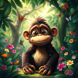 Buster, a whimsical big-eyed ape with a playful expression, sitting in a vibrant jungle filled with lush green trees and colorful flowers