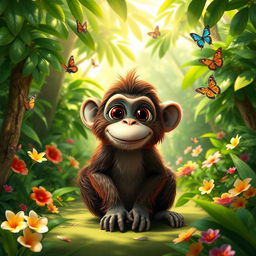 Buster, a whimsical big-eyed ape with a playful expression, sitting in a vibrant jungle filled with lush green trees and colorful flowers
