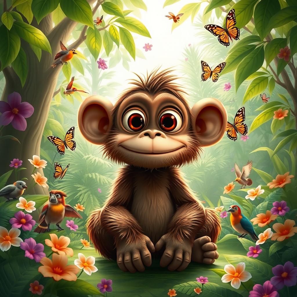 Buster, a whimsical big-eyed ape with a playful expression, sitting in a vibrant jungle filled with lush green trees and colorful flowers