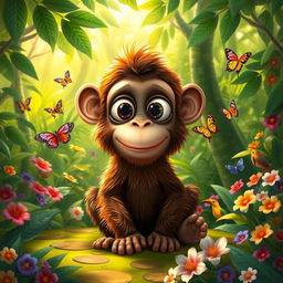 Buster, a whimsical big-eyed ape with a playful expression, sitting in a vibrant jungle filled with lush green trees and colorful flowers