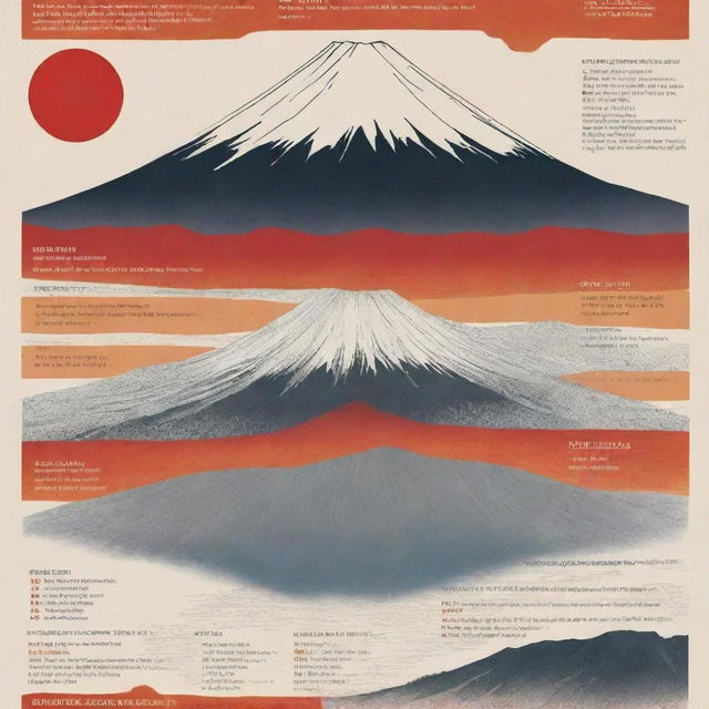 An informative Mt. Fuji poster featuring its iconic conical shape and Japanese landscape. The poster with distinct sections like 'Specific Locations', 'Type of Magma', 'Type of Eruptions', 'Formation', 'Effects of Eruptions' showcases images, diagrams, infographics. The color scheme includes volcanic shades of red and orange and has captions for additional information.