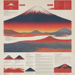 An informative Mt. Fuji poster featuring its iconic conical shape and Japanese landscape. The poster with distinct sections like 'Specific Locations', 'Type of Magma', 'Type of Eruptions', 'Formation', 'Effects of Eruptions' showcases images, diagrams, infographics. The color scheme includes volcanic shades of red and orange and has captions for additional information.