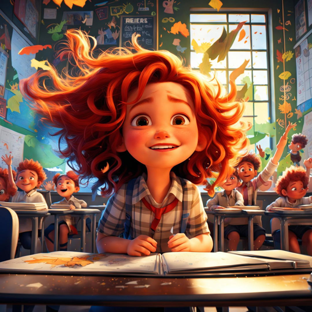 A scene straight out of a classic Pixar movie, featuring a lively classroom and a spirited little girl with wild red hair and freckles, embodying the magic of childhood.