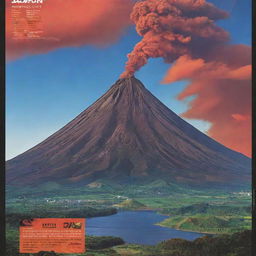 Design a vivid and educational poster displaying Mt. Mayon against the backdrop of Japan, featuring visually unique sections on specific locations, magma type, types of eruptions, formation, and effects of eruptions. Use images, infographics, and vibrant volcanic colors, alongside informative captions.