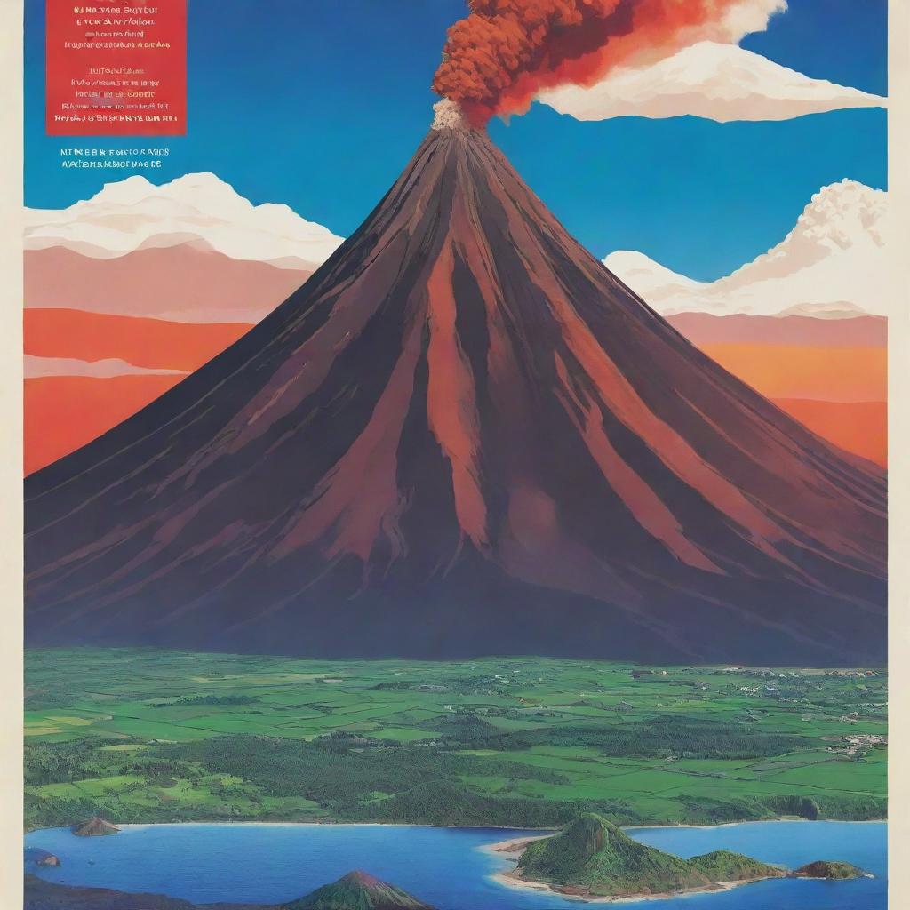 Design a vivid and educational poster displaying Mt. Mayon against the backdrop of Japan, featuring visually unique sections on specific locations, magma type, types of eruptions, formation, and effects of eruptions. Use images, infographics, and vibrant volcanic colors, alongside informative captions.