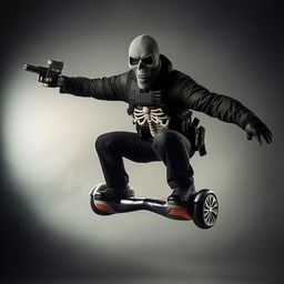 An armed kidnapper wearing a skeleton face mask and bullet-proof vest, striking an imposing figure as he rides on a hover-board in mid-air.