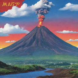 Design a vivid and educational poster displaying Mt. Mayon against the backdrop of Japan, featuring visually unique sections on specific locations, magma type, types of eruptions, formation, and effects of eruptions. Use images, infographics, and vibrant volcanic colors, alongside informative captions.