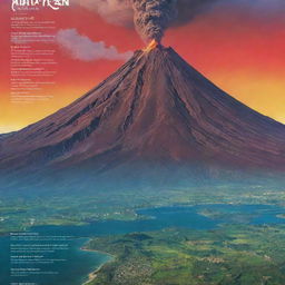 Design a vivid and educational poster displaying Mt. Mayon against the backdrop of Japan, featuring visually unique sections on specific locations, magma type, types of eruptions, formation, and effects of eruptions. Use images, infographics, and vibrant volcanic colors, alongside informative captions.