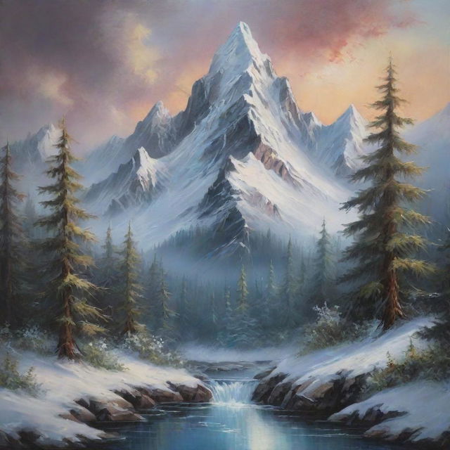 Stunning mystical mountain landscape painting in the style of Bob Ross, featuring tall snowy peaks, dense forest undergrowth, with an epic, ethereal ambiance.