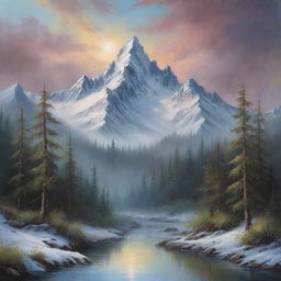 Stunning mystical mountain landscape painting in the style of Bob Ross, featuring tall snowy peaks, dense forest undergrowth, with an epic, ethereal ambiance.