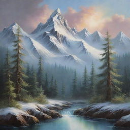 Stunning mystical mountain landscape painting in the style of Bob Ross, featuring tall snowy peaks, dense forest undergrowth, with an epic, ethereal ambiance.